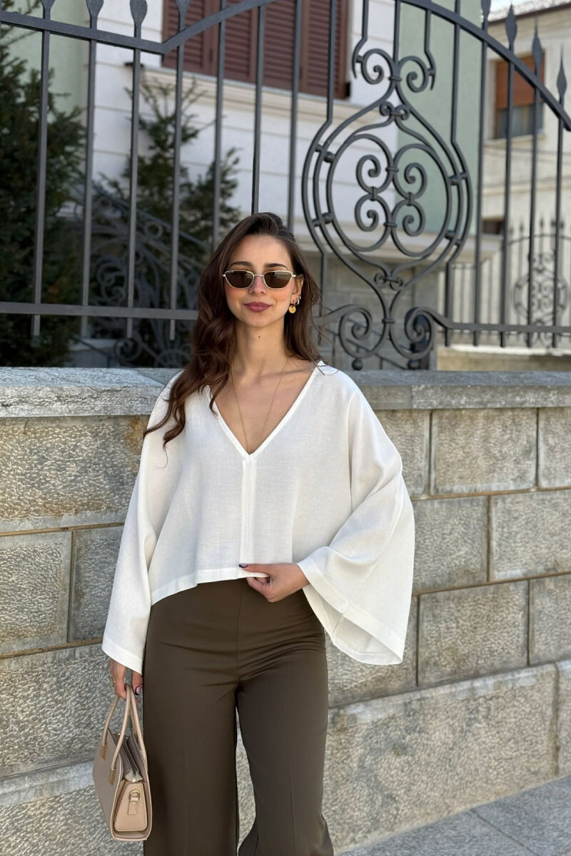 ONE COLOR V-NECK CROP WOMAN SWEATSHIRT WHITE-E BARDHE - 1