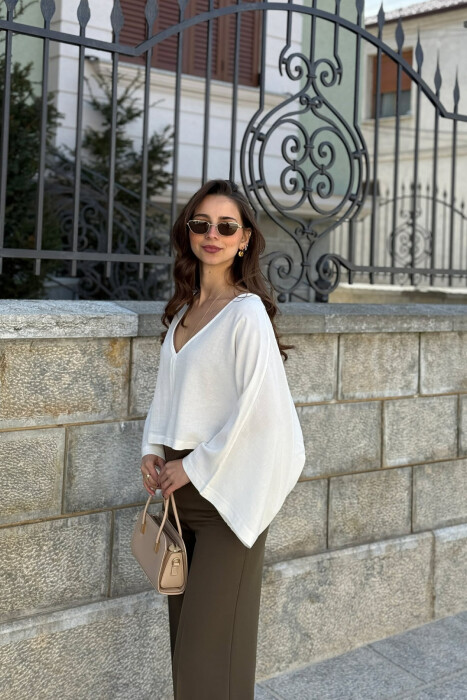 ONE COLOR V-NECK CROP WOMAN SWEATSHIRT WHITE-E BARDHE - 2