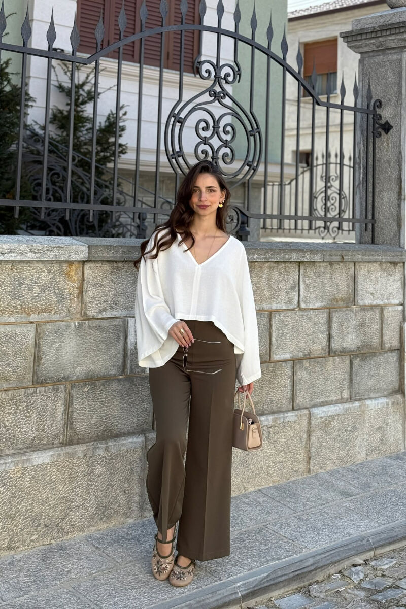 ONE COLOR V-NECK CROP WOMAN SWEATSHIRT WHITE-E BARDHE - 4