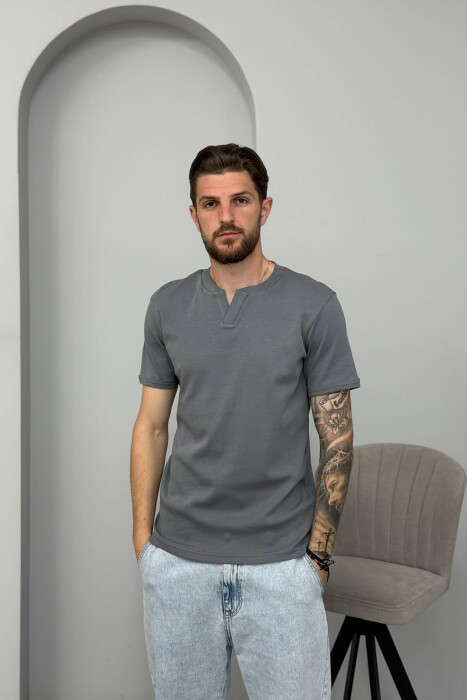 ONE COLOR V NECK MEN T-SHIRT GREY/GRI - KLAUDIO FASHION