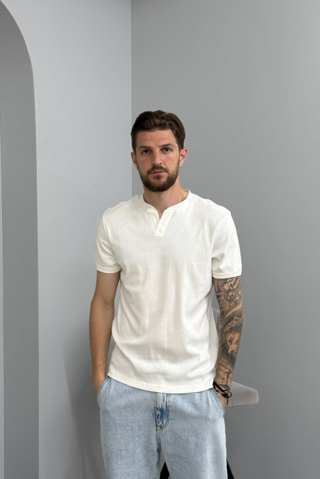 ONE COLOR V NECK MEN T-SHIRT WHITE-E BARDHE - KLAUDIO FASHION