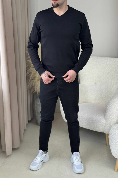ONE COLOR V NECK SIMPLE MEN SWEATSHIRT BLACK/ E ZEZE 