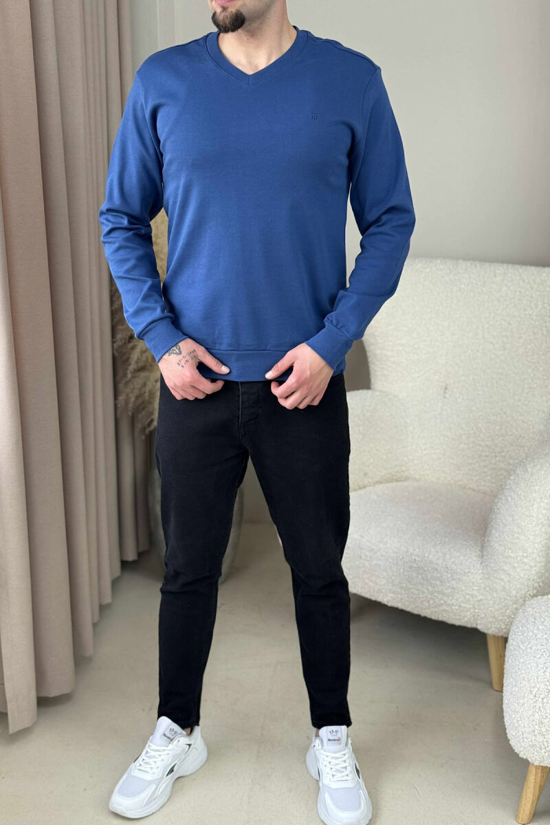 ONE COLOR V NECK SIMPLE MEN SWEATSHIRT BLUE/BLU - 1