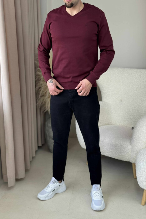 ONE COLOR V NECK SIMPLE MEN SWEATSHIRT BURGUNDY/VISHNJE - KLAUDIO FASHION