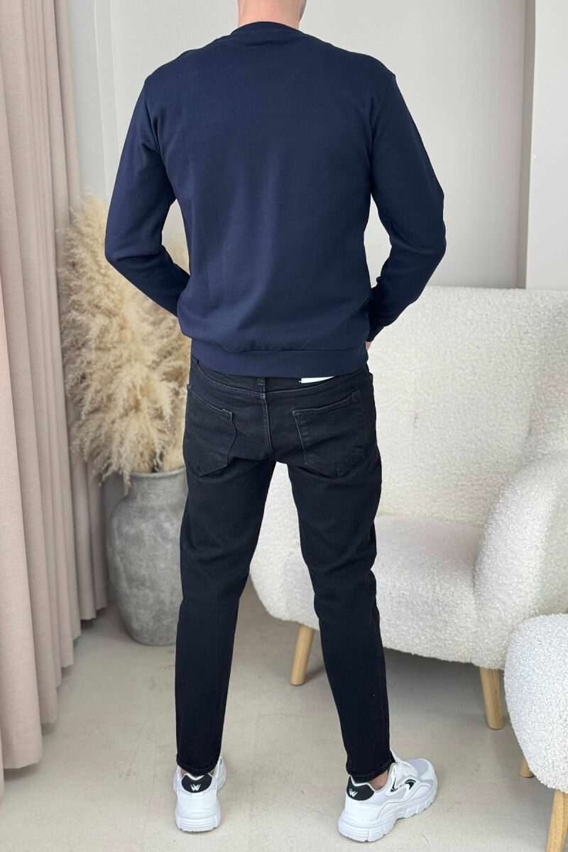 ONE COLOR V NECK SIMPLE MEN SWEATSHIRT DARK BLUE/BEE - 4