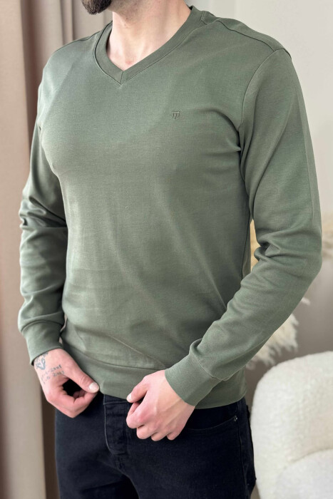ONE COLOR V NECK SIMPLE MEN SWEATSHIRT GREEN/JESHILE - 2