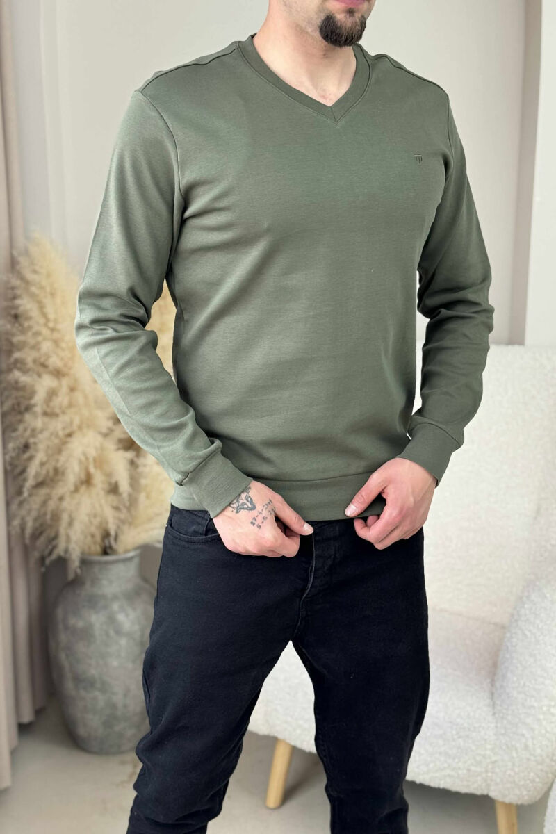 ONE COLOR V NECK SIMPLE MEN SWEATSHIRT GREEN/JESHILE - 4