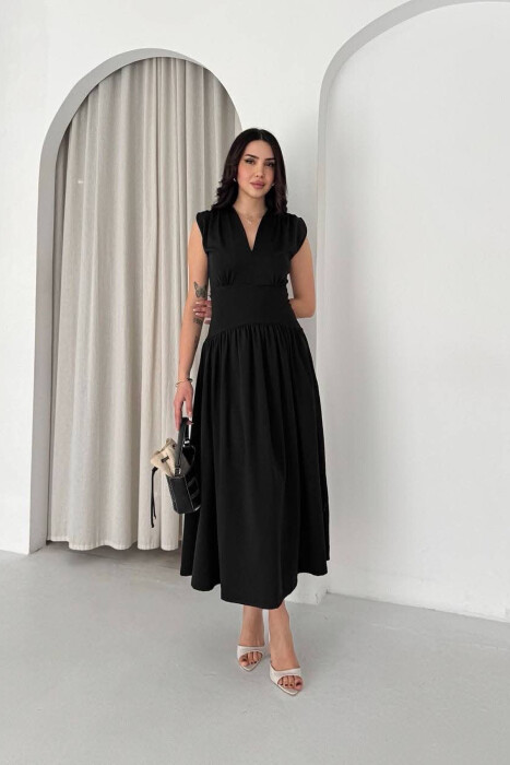 ONE COLOR V NECK SLEEVELESS WOMAN DRESS BLACK/ E ZEZE - KLAUDIO FASHION