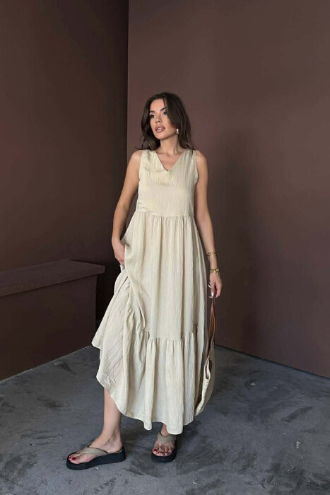 ONE COLOR V NECK SLEEVLESS WOMAN DRESS LIGHT BEIGE/BZHZB 