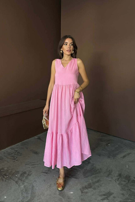 ONE COLOR V NECK SLEEVLESS WOMAN DRESS PINK/ROZE - 1