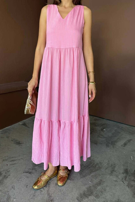 ONE COLOR V NECK SLEEVLESS WOMAN DRESS PINK/ROZE - 2