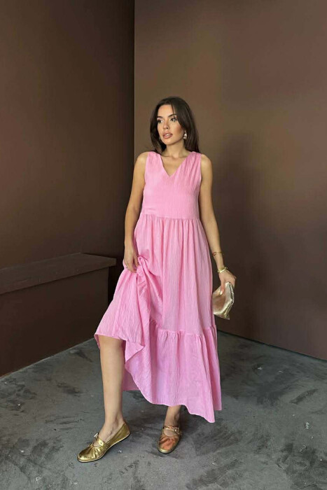 ONE COLOR V NECK SLEEVLESS WOMAN DRESS PINK/ROZE - 5