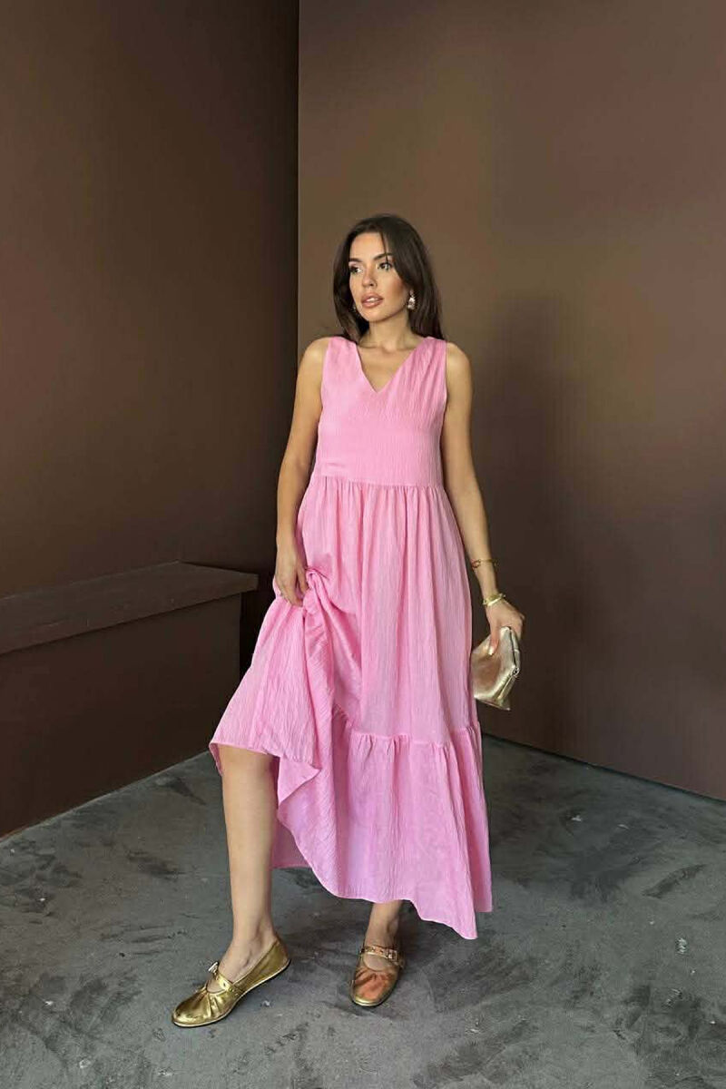 ONE COLOR V NECK SLEEVLESS WOMAN DRESS PINK/ROZE - 5