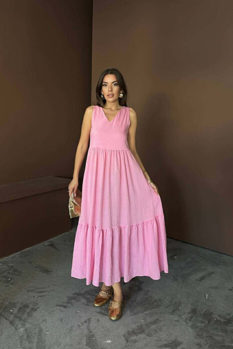 ONE COLOR V NECK SLEEVLESS WOMAN DRESS PINK/ROZE - 6