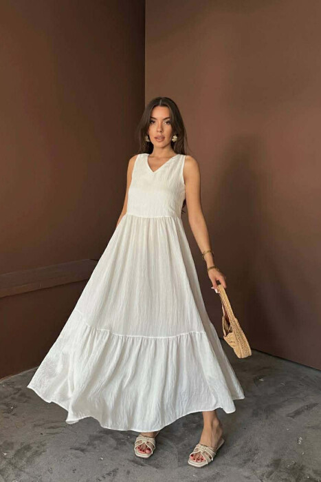 ONE COLOR V NECK SLEEVLESS WOMAN DRESS WHITE-E BARDHE 