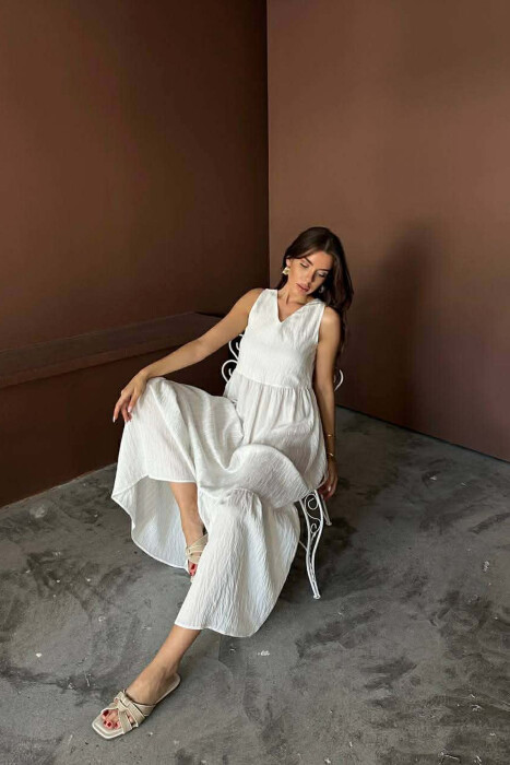 ONE COLOR V NECK SLEEVLESS WOMAN DRESS WHITE-E BARDHE - 4