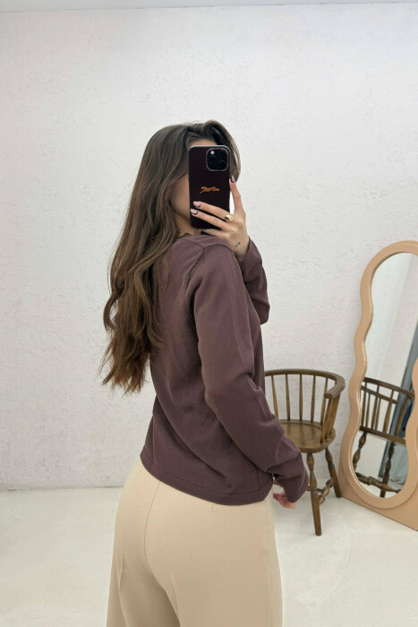 ONE COLOR V NECK WOMAN SWEATER BROWN/KAFE - 5