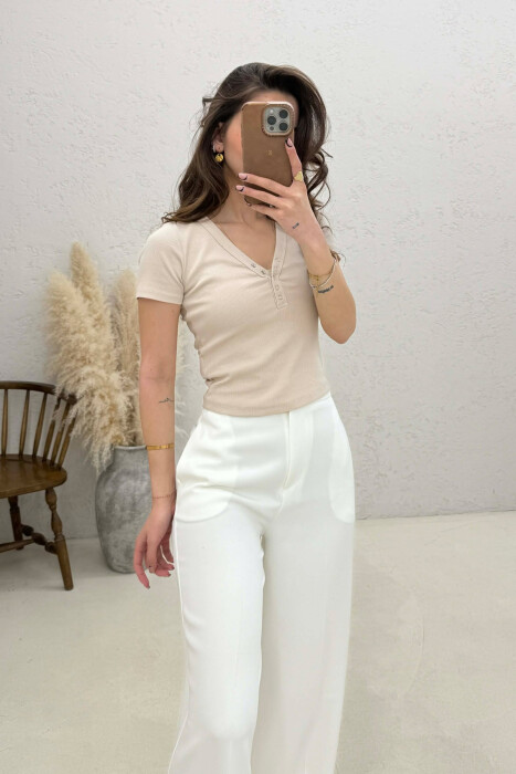 ONE COLOR V NECK WOMAN T-SHIRT BEIGE/BEZHE - 3