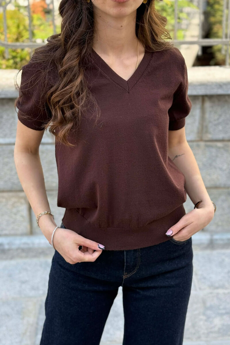 ONE COLOR V NECK WOMAN SWEATER BROWN/KAFE - 4