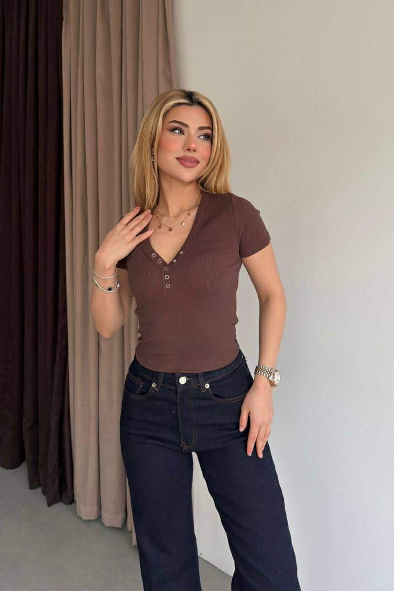 ONE COLOR V NECK WOMAN T-SHIRT BROWN/KAFE - 1