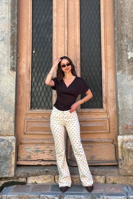 ONE COLOR V NECK WOMAN T- SHIRT DARK BROWN/KAE - 5
