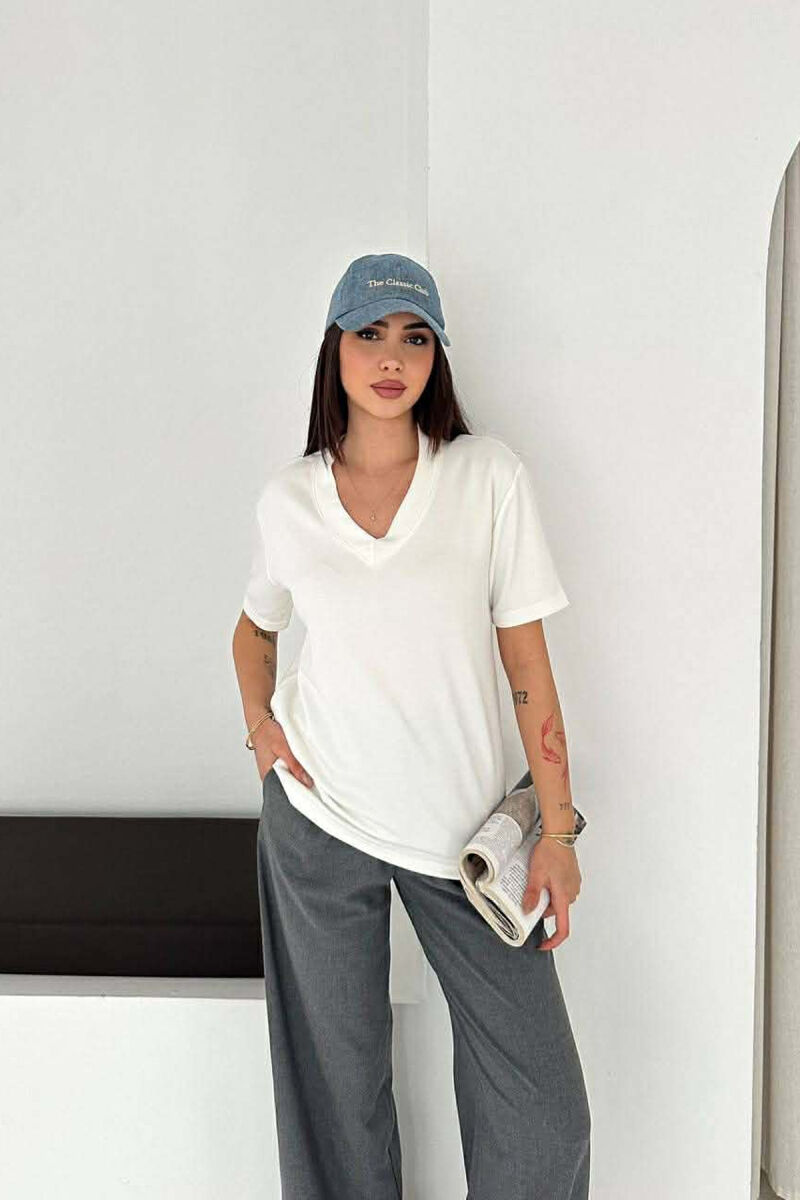 ONE COLOR V-NECK WOMAN T-SHIRT WHITE-E BARDHE - 1