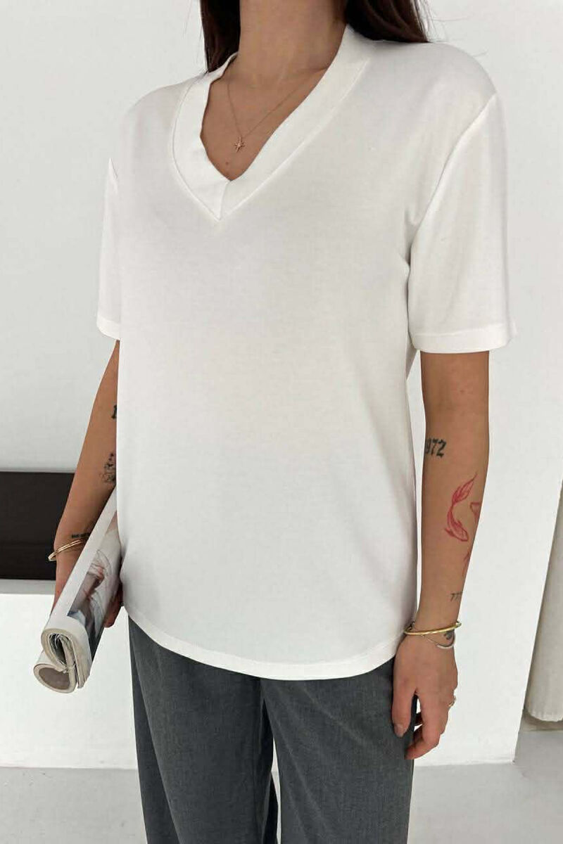 ONE COLOR V-NECK WOMAN T-SHIRT WHITE-E BARDHE - 2
