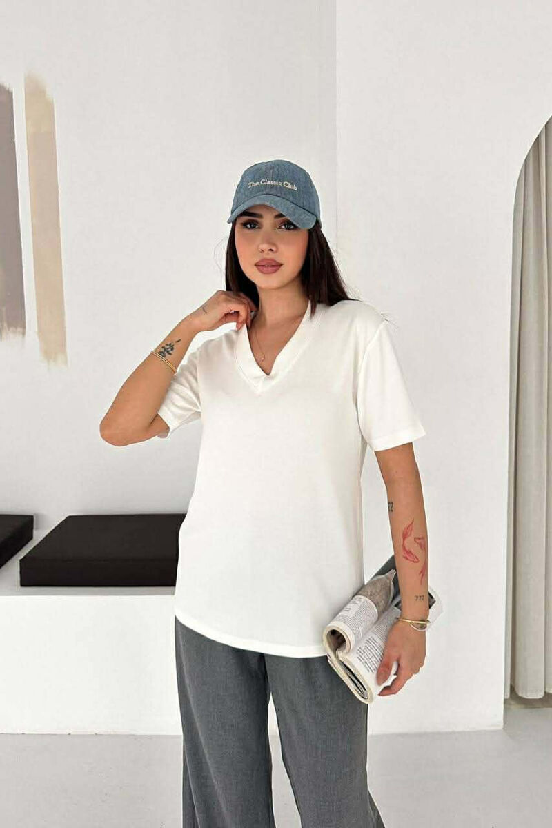 ONE COLOR V-NECK WOMAN T-SHIRT WHITE-E BARDHE - 3