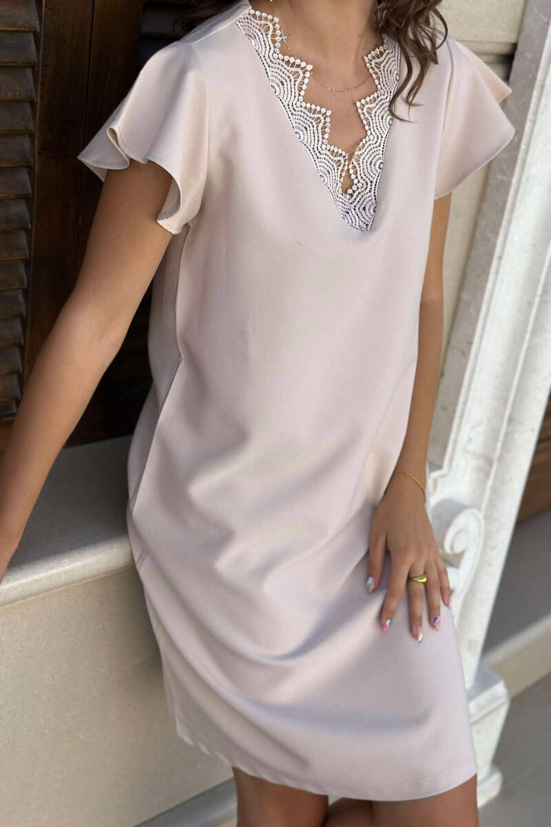 ONE COLOR V NECK WOMEN DRESS BEIGE/BEZHE - 2