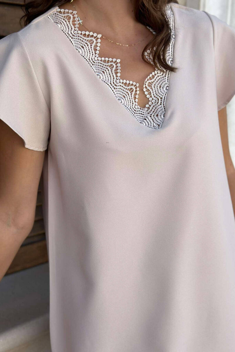 ONE COLOR V NECK WOMEN DRESS BEIGE/BEZHE - 3