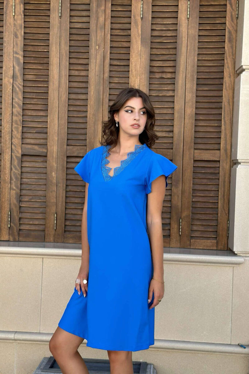ONE COLOR V NECK WOMEN DRESS BLUE/BLU - 2