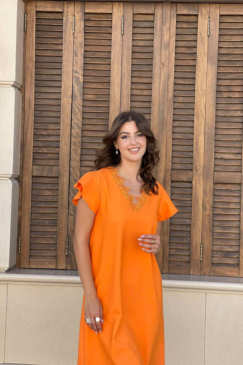 ONE COLOR V NECK WOMEN DRESS ORANGE/PORTOKALLI - 3