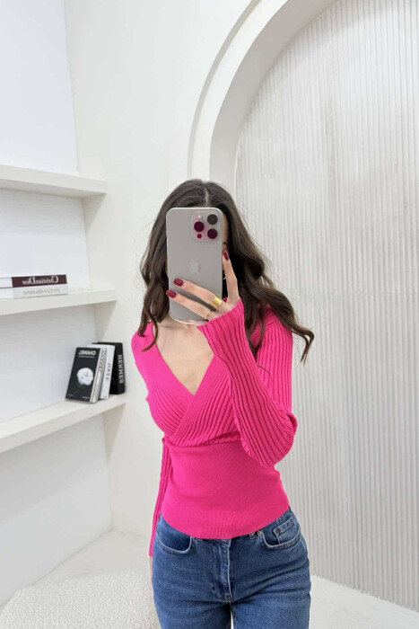 ONE COLOR V NECK WOMEN SWEATER FUCHSIA/CIKLAMI 