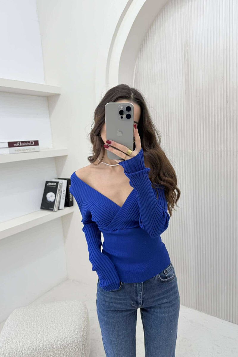 ONE COLOR V NECK WOMEN SWEATER BLUE/BLU - 1