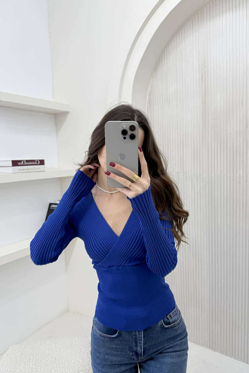 ONE COLOR V NECK WOMEN SWEATER BLUE/BLU - 2