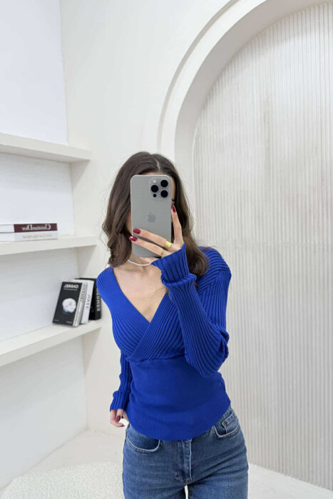 ONE COLOR V NECK WOMEN SWEATER BLUE/BLU - 3