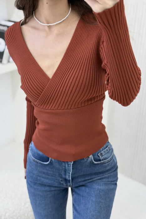 ONE COLOR V NECK WOMEN SWEATER BRICK/TULLE - 4