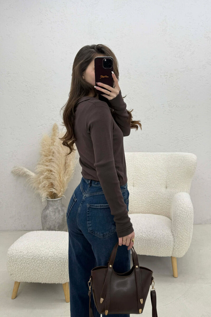 ONE COLOR V-NECK WOMEN SWEATSHIRT BROWN/KAFE - 2