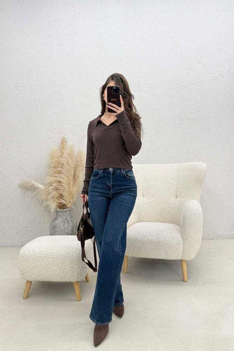 ONE COLOR V-NECK WOMEN SWEATSHIRT BROWN/KAFE - 4