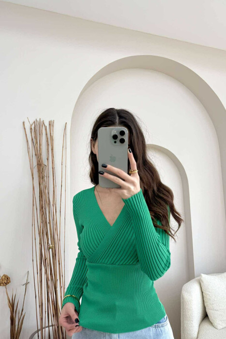 ONE COLOR V NECK WOMEN SWEATER GREEN/JESHILE - 3