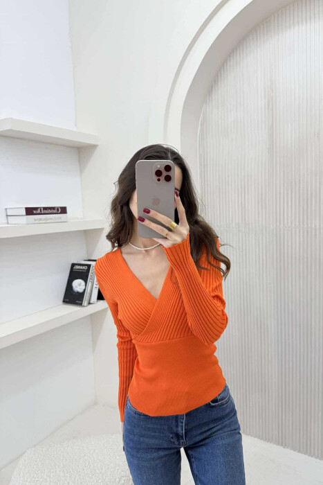 ONE COLOR V NECK WOMEN SWEATER ORANGE/PORTOKALLI - 1