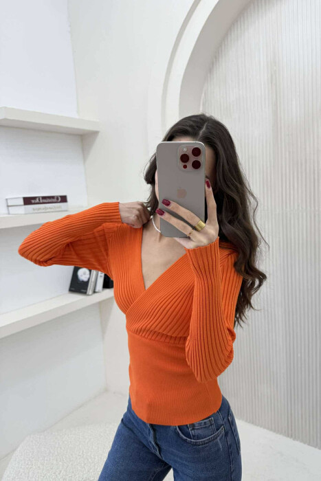 ONE COLOR V NECK WOMEN SWEATER ORANGE/PORTOKALLI - 3