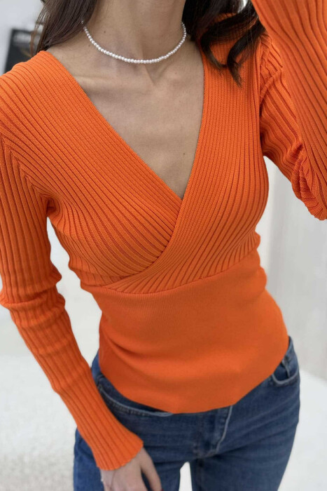 ONE COLOR V NECK WOMEN SWEATER ORANGE/PORTOKALLI - 4