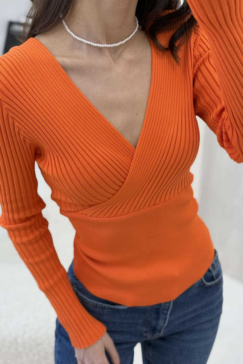 ONE COLOR V NECK WOMEN SWEATER ORANGE/PORTOKALLI - 4