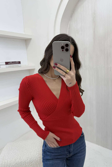 ONE COLOR V NECK WOMEN SWEATER RED/E KUQE 