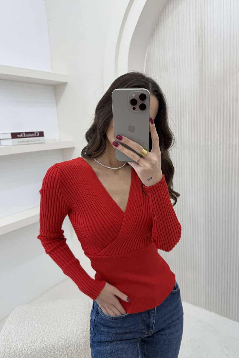 ONE COLOR V NECK WOMEN SWEATER RED/E KUQE - 1