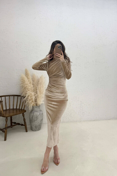 ONE COLOR VELVET WOMAN DRESS BEIGE/BEZHE - 
