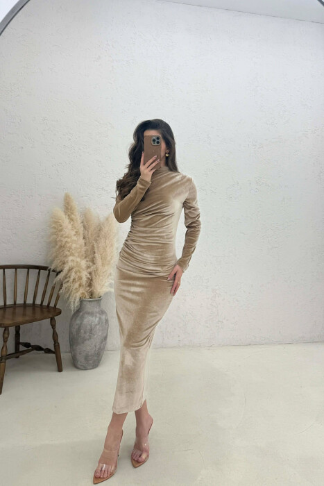 ONE COLOR VELVET WOMAN DRESS BEIGE/BEZHE - 2
