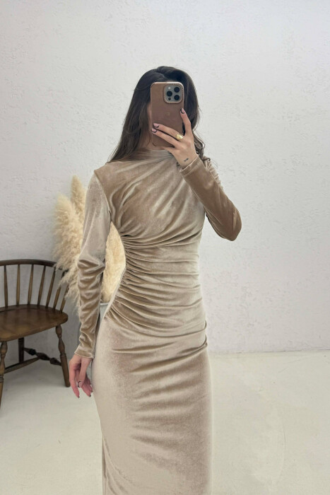 ONE COLOR VELVET WOMAN DRESS BEIGE/BEZHE - 3