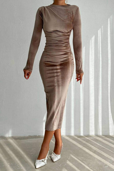 ONE COLOR VELVET WOMAN DRESS BROWN/KAFE - 1